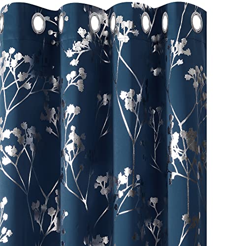 Amazon Brand - Umi Lot de 2 Rideau Occultant Thermiques Isolant a Oeillet Rideau Chambre Fille avec Motif Argente Bleu Marine Branches 117x138cm