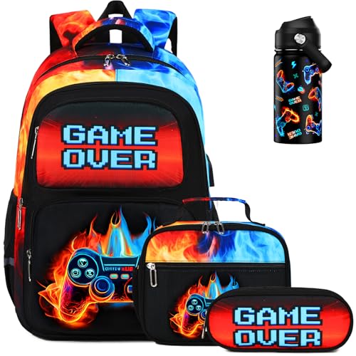 Bevalsa Kids Backpack for Boys with 14oz Insulated Bottle, School Bags for Kids & BPA-FREE Stainless Steel Metal Bottle with Straw Lid for Elementary Middle School Student (Flame)