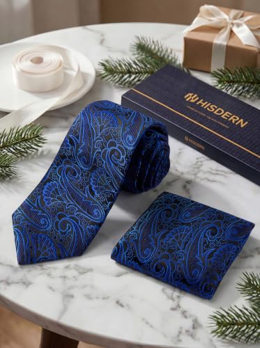 Image of HISDERN Extra Long Ties for Men Classic Floral Tie and Pocket Square Elegant Silk Necktie Handkerchief Set Wedding Party