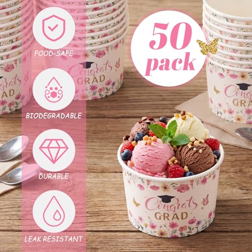Image of Funnymoom 50 Pack Pink Wildflower Graduation Ice Cream Cups 9 oz Class of 2026 Congrats Grad Disposable Dessert Snack Cups Floral Graduation Paper Soup Bowls for College High School Party Supplies