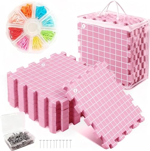 Image of MEVOME Blocking Mats for Knitting 200 T-pins 100 Locking Stitch Markers, Extra Thick Block Boards Crochet Projects Grid Lines Needlepoint Knit Crocheting, 9 Foam Interlocking Mat Storage Bag (Pink)