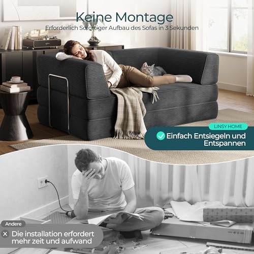 LINSY HOME Schlafsofa - Bodensofa Bed mit Pillow Back Support Armrest - Schlafsofa Klappbar 160 cm Breit- Compressed Sofa in Box - Cord Stoff für Wohnzimmer Schlafzimmer - Schwarz