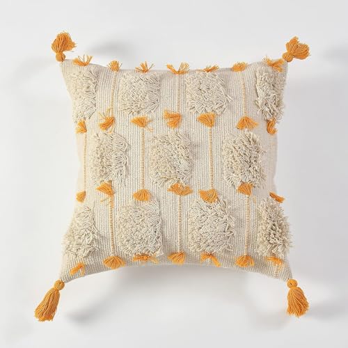 Image of Furnistitchs Premium Decorative Throw Cushion Pillow Cover Boho Home Decor - Living Room Bedroom Couch Sofa Cushion Covers 16 inch x 16 inch (2, Mustard Tassels)