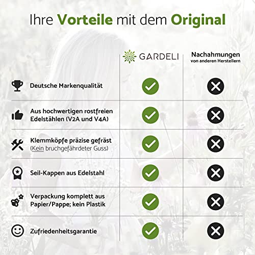 GARDELI® Rankhilfe aus Edelstahl für Kletterpflanzen, Profi-System als Komplettset mit Wandhaltern und 3mm Stahlseil (8 Halter, 12,5m Seil)