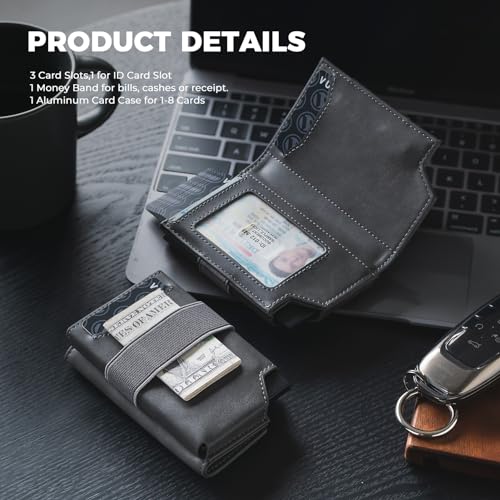 VULKIT Card Holder With Money Band, Minimalist Wallet For Men Pop Up Card Wallet RFID Blocking, Holds 11 Cards and Cash Grey2