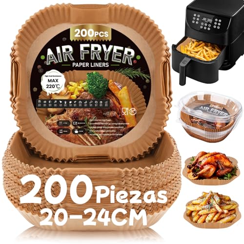 200 Piezas Papel Freidora de Aire 5-8L, 20-24CM Papel Air Fryer Cuadrado, Desechable Antiadherente...