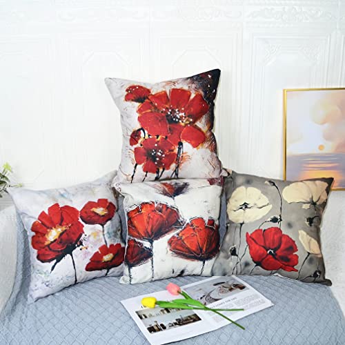 QUALKNOY Set of 4 Cushion Covers 18"x18" Red Flower Linen Modern Art Decorative Throw Pillow cases 45 x 45cm for Living Room Sofa Outdoor Pillowcases - Image 2