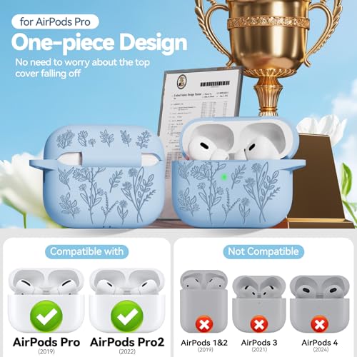 Image of Flower Engraved Case for Apple AirPods Pro 2nd /1st Generation, Soft Silicone AirPods Pro 2 Gen Protective Cover for Women Airpod Cases with Clean Kit,Carabiner,Front LED Visible,Light Blue