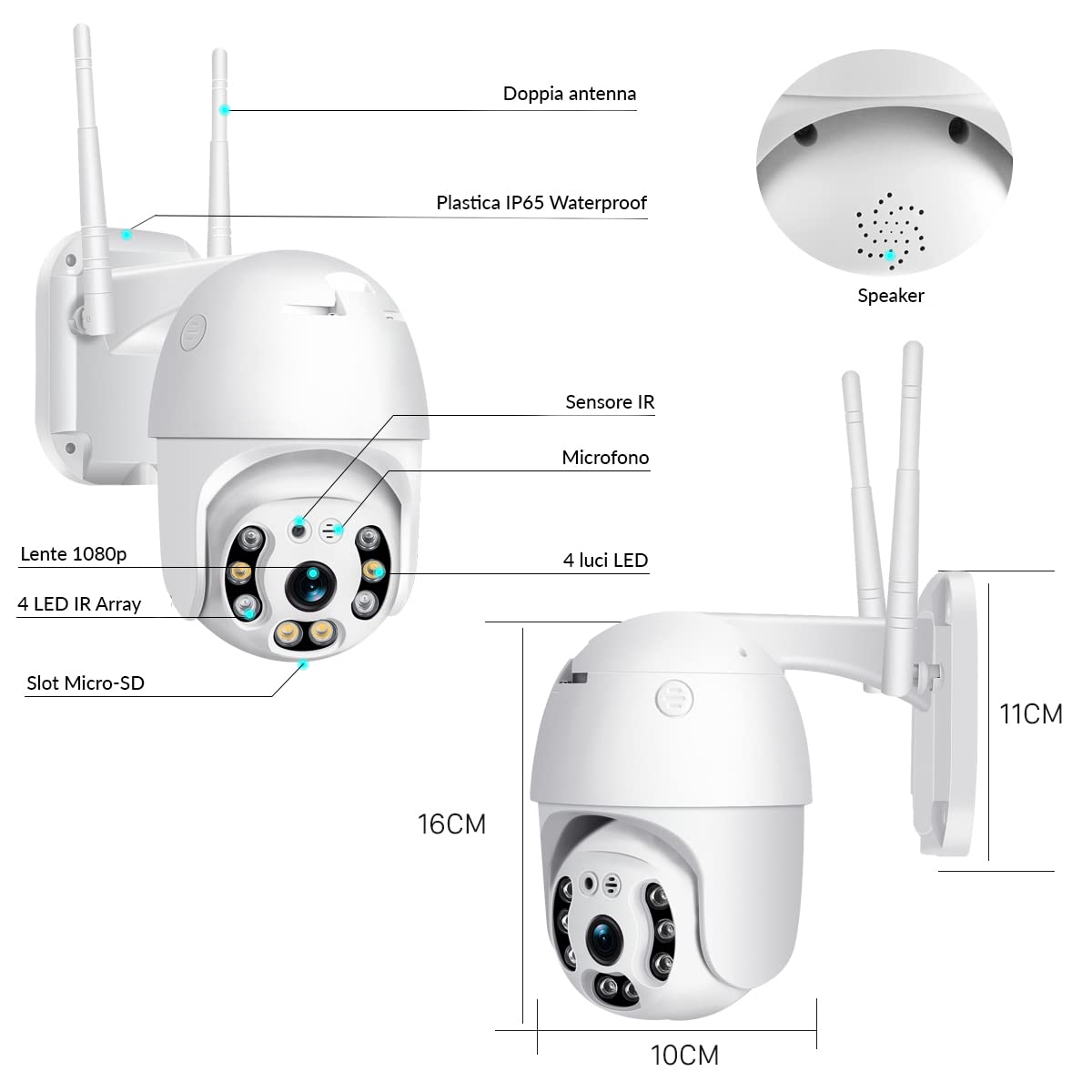GeDi - Telecamera Wi-Fi PTZ Dome 1080p 4 LED IR e 4 LED Array Per Videosorveglianza di Sicurezza Esterna Con APP ICSee Rilevamento Movimento Allarme PT-01 Con Slot Memoria SD (Con Memoria 128GB)