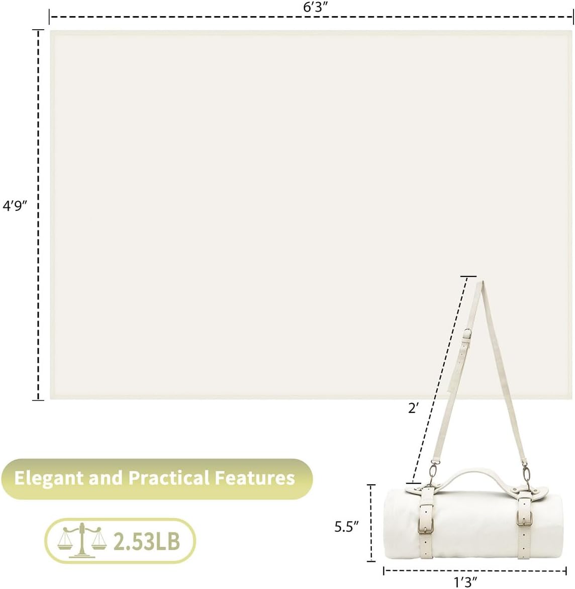 4'9”x 6'3” White Picnic Mat - 100% Cotton Canvas, Wedding Bride Groom Gift, Lightweight Outdoor Camping Mat with Vegan Leather Shoulder/Hand Carry Strap