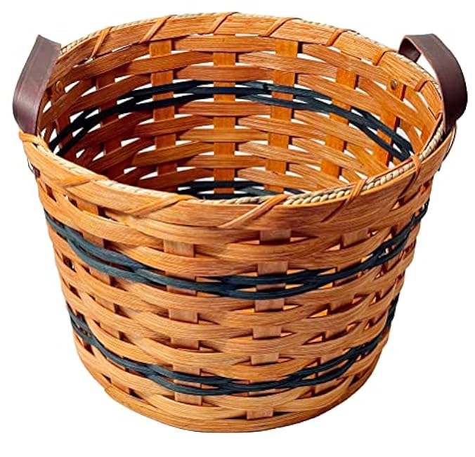 Amish Harvest Basket Towel Storage Apple Pail with Genuine Leather Handles (Blue)