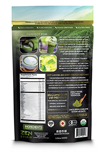 Matcha Green Tea Powder Organic - Japanese Premium Culinary Grade, Unsweetened & Sugar Free - USDA & Vegan Certified - 100g (3.52 oz) - Perfect for Baking, Smoothies, Latte, Iced tea & Weight Loss.
