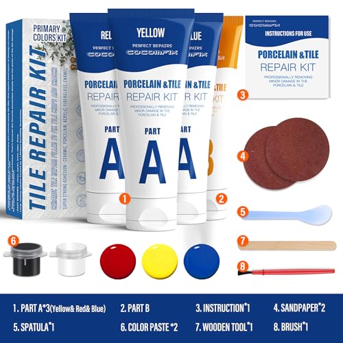 Tile Repair Kit - (Primary Colors Kit) Ceramic Floor Tile Repair Kit - Super Strong Porcelain Tile Filler - Fix Cracks, Chips, Holes Fast. for Porcelain, Ceramic, Acrylic, Fiberglass, Enamel.