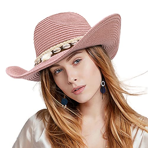 Eozy Women Men’s Cowboy Hat Western Summer Straw Hat For Girls With Wide Brim & Shell Tassels Trendy Lady Beach Sun Hats Pink #TOP6