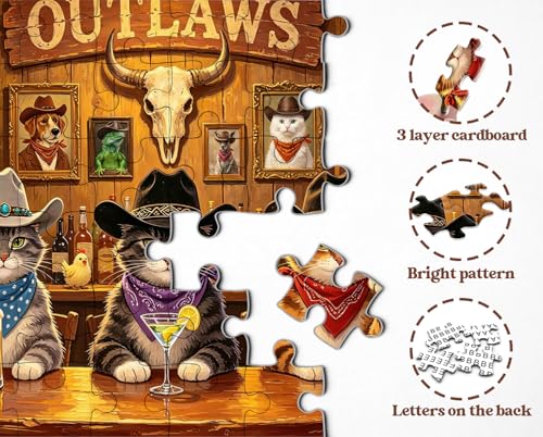 Vintage Saloon Cats Puzzles para adultos 1000 piezas, divertido rompecabezas de gato vaquero del oeste, escena de bar del viejo oeste, tema desafiante para amantes de gatos miniatura 4