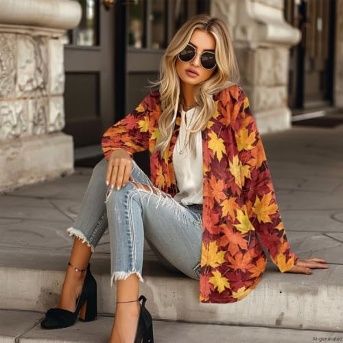 Image of Fall Maple Leaf Cardigan Sweaters for Women Long Sleeve Cardigan Soft Drape Open Front Dusters V-Neck Jackets Dressy