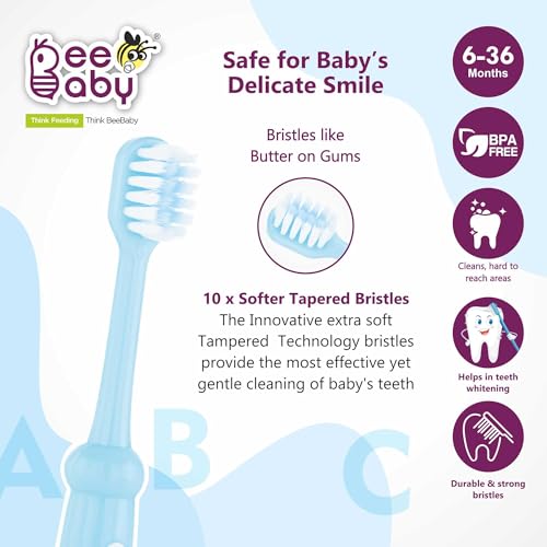 Image of BeeBaby Brush Buddy Toothbrush for Infants 6 Months +. Small Head 10 x Super Soft Tapered Bristles ideal for Milk Teeth, 100% BPA Free. Blue & Pink. Pack of 2
