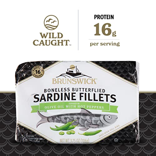 Image of Brunswick Sardines in Olive Oil with Hot Peppers, 3.75 oz Can (Pack of 12) - Boneless Butterflied Sardine Fillets - Wild Caught - 16g Protein per Serving - Gluten Free, Keto Friendly