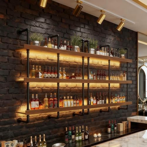 100CM Botellero de Pared Industrial, 3 Niveles Estantes de madera maciza Botellero Vino Luz LED, Multifuncional Estante para Vino Flotante para exhibición de Vino, para el hogar,Restaurante,Bares