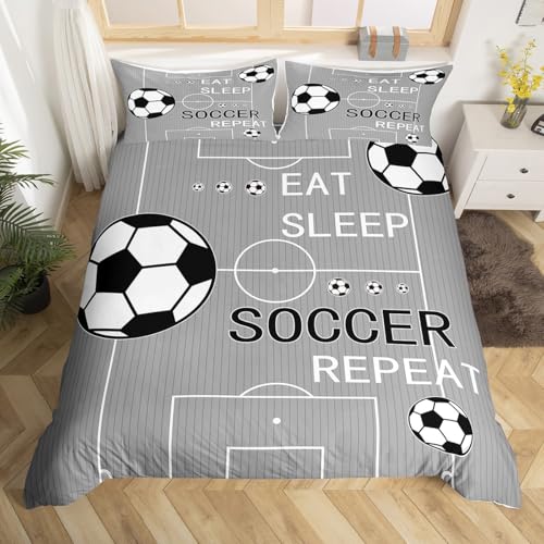 jejeloiu Kids Soccer Bedding Set Full Size Football Comforter Cover Set Boys Girls Eat Sleep Duvet Cover Sports Theme Gaming Sports Grey Bedspread Cover(No Comforter)