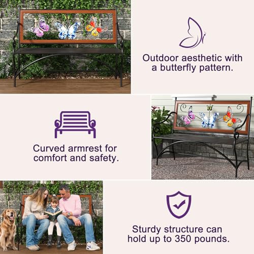 39.7" Outdoor Bench, Garden Bench, Patio Bench with Armrest, Slatted Seat and Butterfly Pattern Backrest for Outside, Front Porch, Park, Lawn, Backyard and Balcony, Cast Iron Metal Frame, Black - Image 5