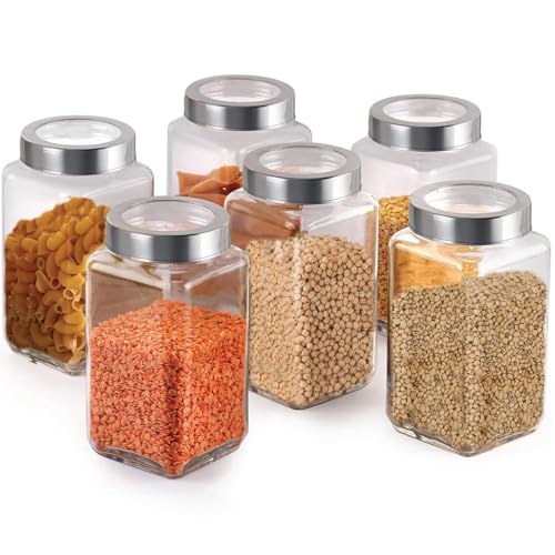 Image of Glass Jars 1000ml - Set of 6 Glass Storage Containers with Stainless Steel Airtight Lids for Kitchen, Dry Fruits, Pickles, Spices | Glass Containers for Kitchen | Glass Jars for Kitchen 1kg (6)