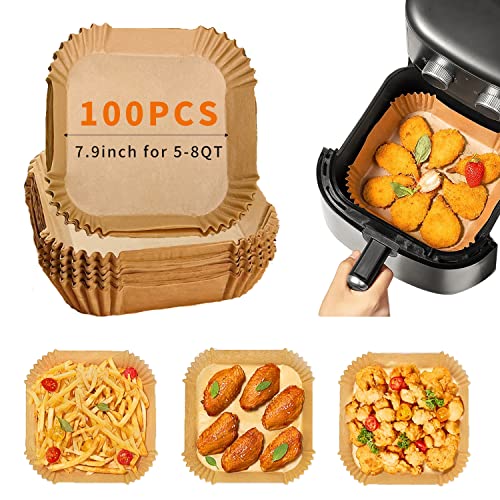Air Fryer Disposable Paper Liner, 100PCS Non-Stick Air Fryer Liners for Easy Cleanup, Oil Resistant, Waterproof, Food Grade Air Fryer Parchment Paper Liners for Baking Roasting Microwave (7.9 inch)