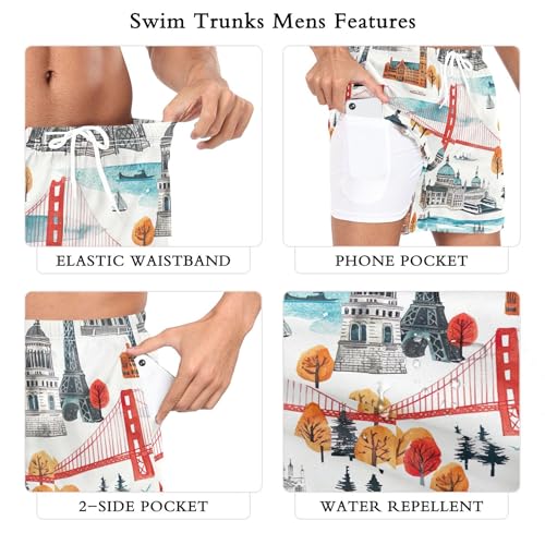 xigua The World Landmarks Mens Swim Trunks with Liner, 5 inch Quick Dry Mens Boardshorts for Beach3