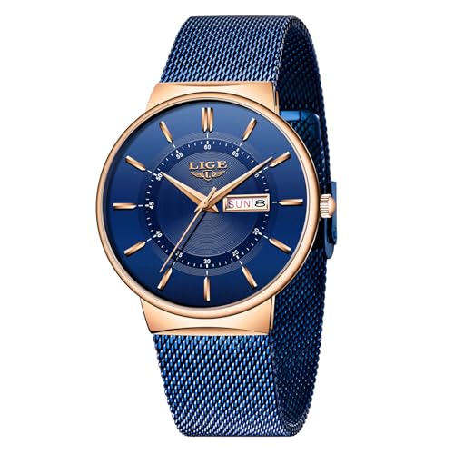 LIGE Uhr Herren | Wasserdicht Edelstahl Vintage Analog Armbanduhren Business Quarz Schwarz Edelstahlband Herrenuhr Datumsanzeige Klassisch Einfach Watches for Men - Geschenk für Männer,Gold Blau