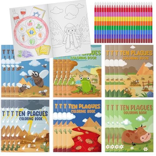 Cinrobiye 24 Set Passover Coloring Books Bulk Mini Ten Plagues Coloring Booklet with Stacking Crayons, Pesach Favors, Passover Arts and Crafts, Goodie Bag Stuffers, Seder Activity Pack