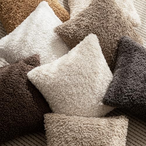 Image of Foindtower Set of 2 Curly Teddy Wool Pillow Covers Decorative Boucle Textured Lumbar Throw Pillow Faux Fur Sherpa Pillowcases Sheepskin Fuzzy Cushion Case for Sofa Bedroom Car 12 inchx20 inch Cream Beige