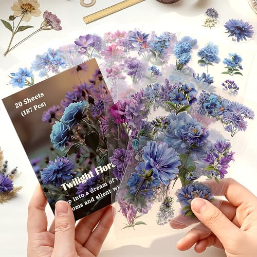 Twilight Florals Transparent Flower Sticker Book, 20 Sheets 187 PCS All Unique Blue & Purple Floral Stickers, Aesthetic Stickers for Scrapbook Supplies Junk Journal self Care Mental Health Journal
