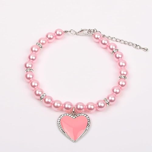 Miniatura 8 de Collar de perlas de perro y gato con diamantes de imitación, dije de corazón con dije de corazón para mascotas y cachorros (S, rosa)