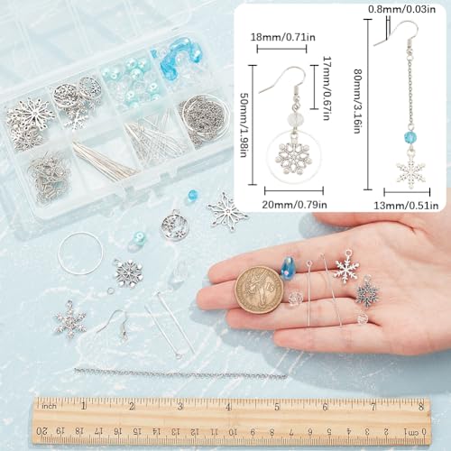 SUNNYCLUE 1 Box DIY 10 works Christmas Charms Earrings Making Kit Antique Silver Snowflake Charms Winter Blue Faceted Glass Beads Linking Rings Dangle Earring Hooks for Jewellery Making Kits Adult - Image 3