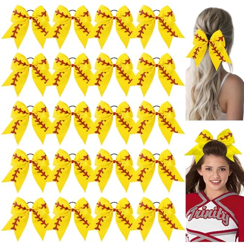 YLEN YHXX 20 PCS 8 Large Softball Cheer Hair Bows Cheerleading Bows with Ponytail Holder Elastic Band Handmade for Cheerleading Teen Girls College Sports Softball Yellow