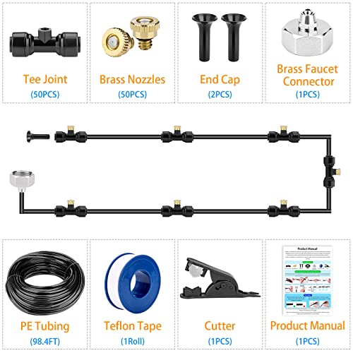 Awpeye WUHUATAOZHUANG50PCS Misting Cooling System 98.4Ft (30M) Misting Line + 50 Brass Mist Nozzles + 50 T-Connectors + 1 Faucet Adapters (3/4") Outdoor Mister thumb #6
