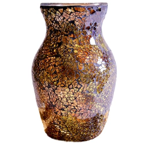 ZHIPINHUI 8" Amber Mosaic Vase with Gold Accents, Hand-Pasted Byzantine