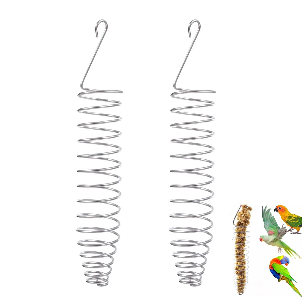Bird Food Holder, 2 Pack Parrots Foraging Toys for Birdcage, Stainless Steel Hanging Bird Treat Feeders, Birds Food Basket for Fruit Vegetable Grain Wheat, Chew Toys for Conures Parakeets Cockatoos