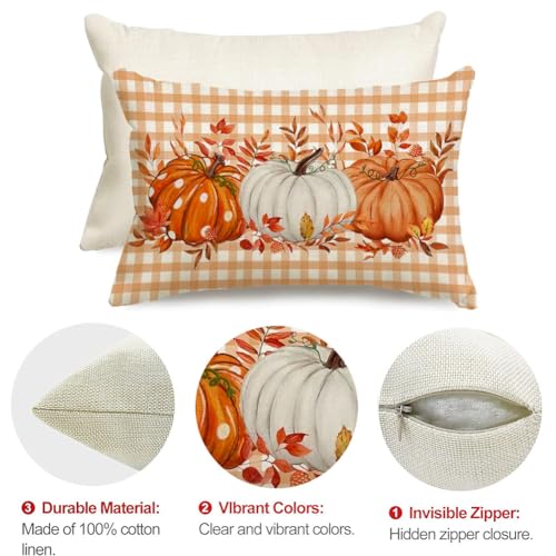 Image of Fall Pillow Cover 12x20 Inch Pumpkin Buffalo Pliad Dots Fall Pillows Maple Leaves Decor Autumn Thanksgiving Decorative Farmhouse Cushion Case for Sofa Couch (Orange)