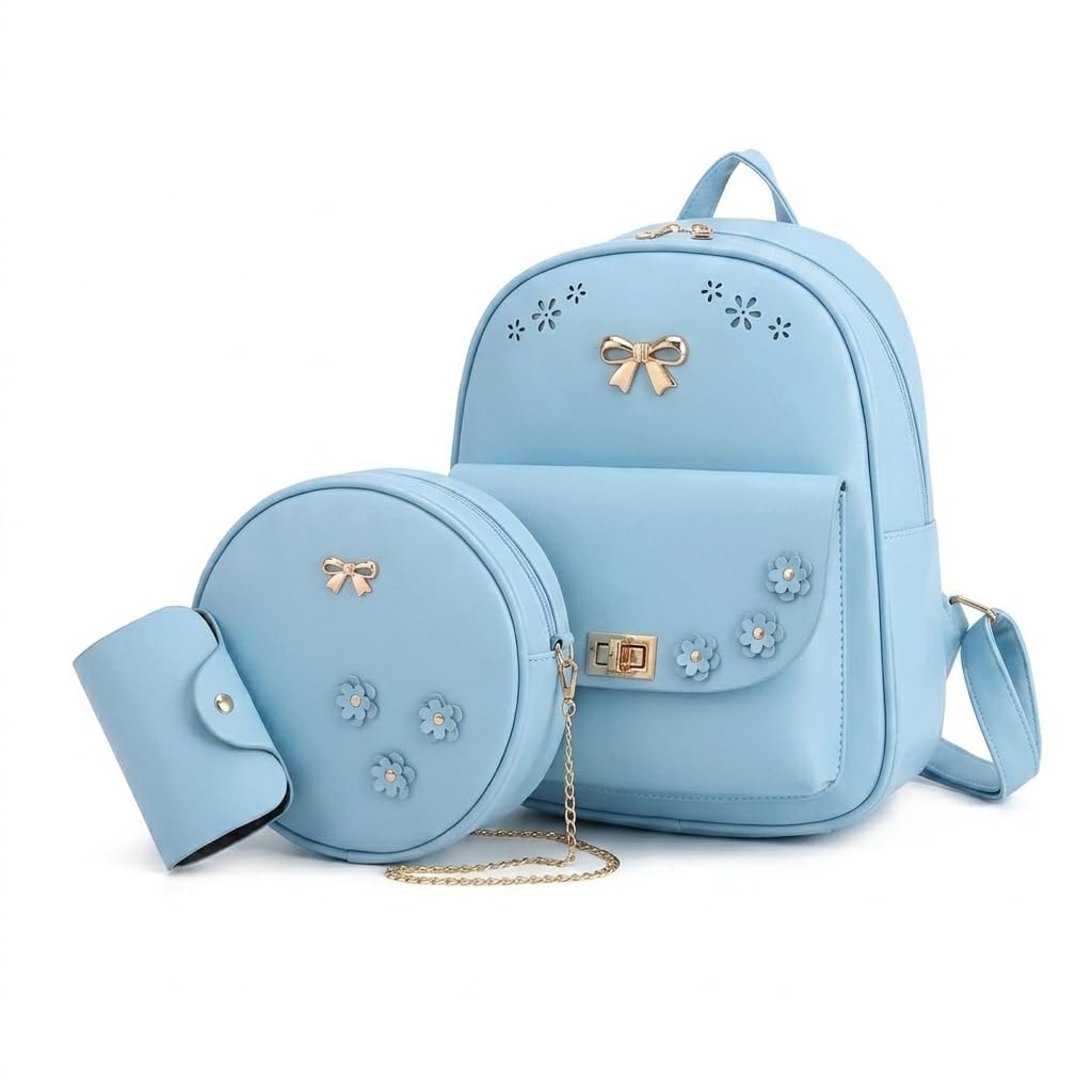 PU Leather Backpack Sling Bag and Pouch Combo for Girls-image-12