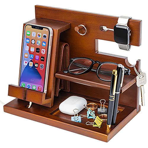 Image of awofer Wood Phone Docking Station Nightstand Organizer for Men - Key Holder Wallet Stand iWatch Organizer Ring Hanging - Gadgets Gifts for Husband Boyfriend Dad Son Birthday Anniversary Fathers Day