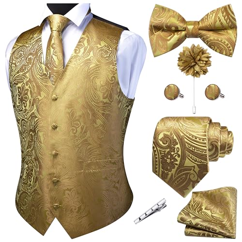 GUSLESON Men's V-Neck Suit Vests Formal Men Vest Paisley Jacquard Tie Waistcoat Bow tie Hanky Set Wedding 7PCS