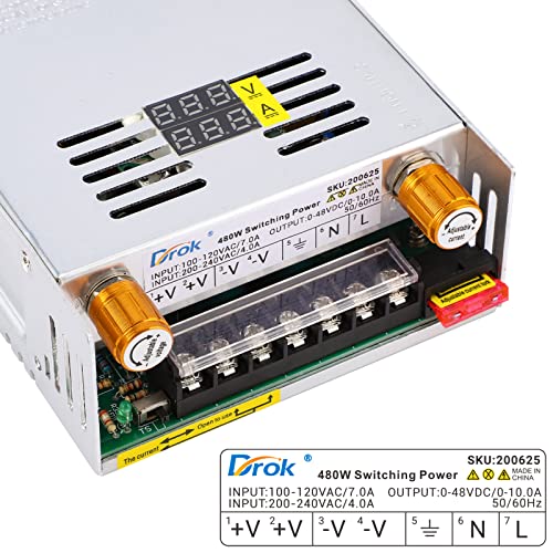 drok 48v power supply ac 110v220v to dc 0-48v 0-10a 480w buck converter volt amp adjustable adapter regulated 5v 12v 24v 30v 36v 48v volt switching voltage led transformer charger for computer