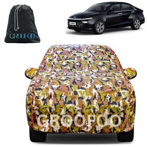 Image of GROOFOO Car Cover Compatible with HyundaiVerna | Camouflage, Waterproof, Dustproof, UV Protection | Military Jungle Design | Custom Fit, Triple Stitched | All Weather Body Cover