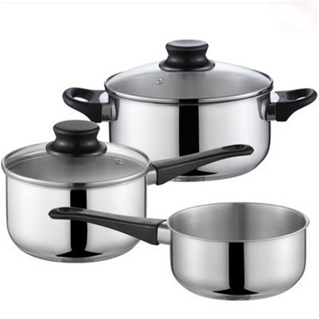 Juego de 3 ollas antiadherentes de acero inoxidable con tapa de vidrio para uso en cocina, diseño universal para leche y cocina, duradero y fácil de limpiar