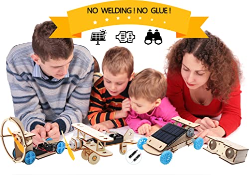 Diy Wooden Science Experiment Model Kit Solar Power Car,Electric Motor Biplane Glider,Toy Binoculars And Wind Power Car,Stem Educational Building Project For Kids Boys & Girls,4 In 1 Set #TOP1