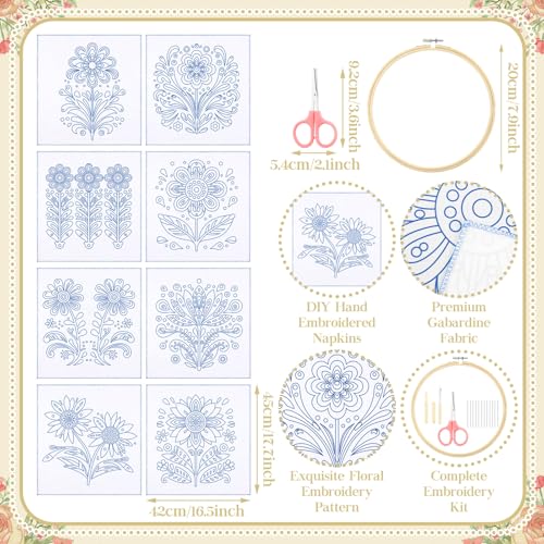 Image of Tioncy 8 Sets Mexican Embroidery Napkins Kit 17.7 x 16.5 Inch Servilletas Para Bordar a Mano Including Mexican Napkin Bamboo Hoop Color Threads and Needles for Beginner Adult DIY Hand Craft Lover Gift