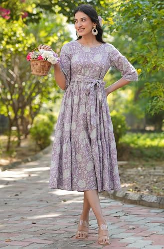 Image of Janasya Women's Pure Cotton Floral Printed Tiered Dress