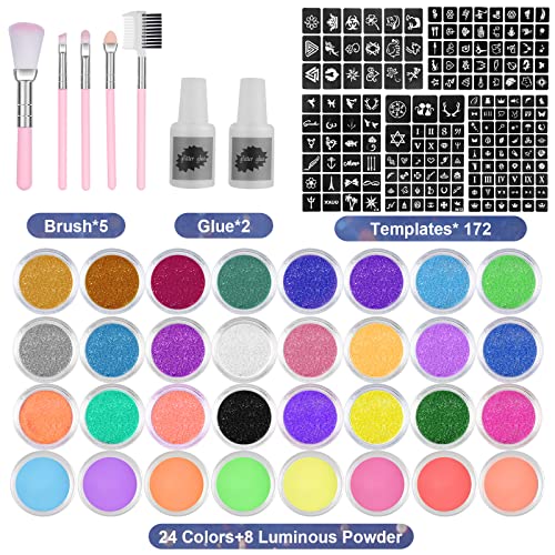 Aomig Glitter Tattoo Kit, Kids Temporary Tattoo Set - 24 Colours Glitter, 8 Fluorescent Powder, 172 Stencils, Unique Body Nail Glitter Safe Body Make-Up For Kids And Adults Halloween Christmas Party #TOP1
