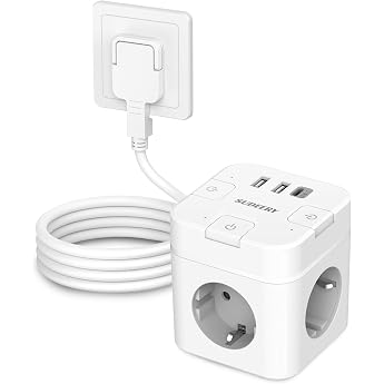 3-Way Socket Cube with USB C, White | 6 in 1 Power Strip Flat Plug with Individually Switchable, Multiple Socket Cube with 2 
